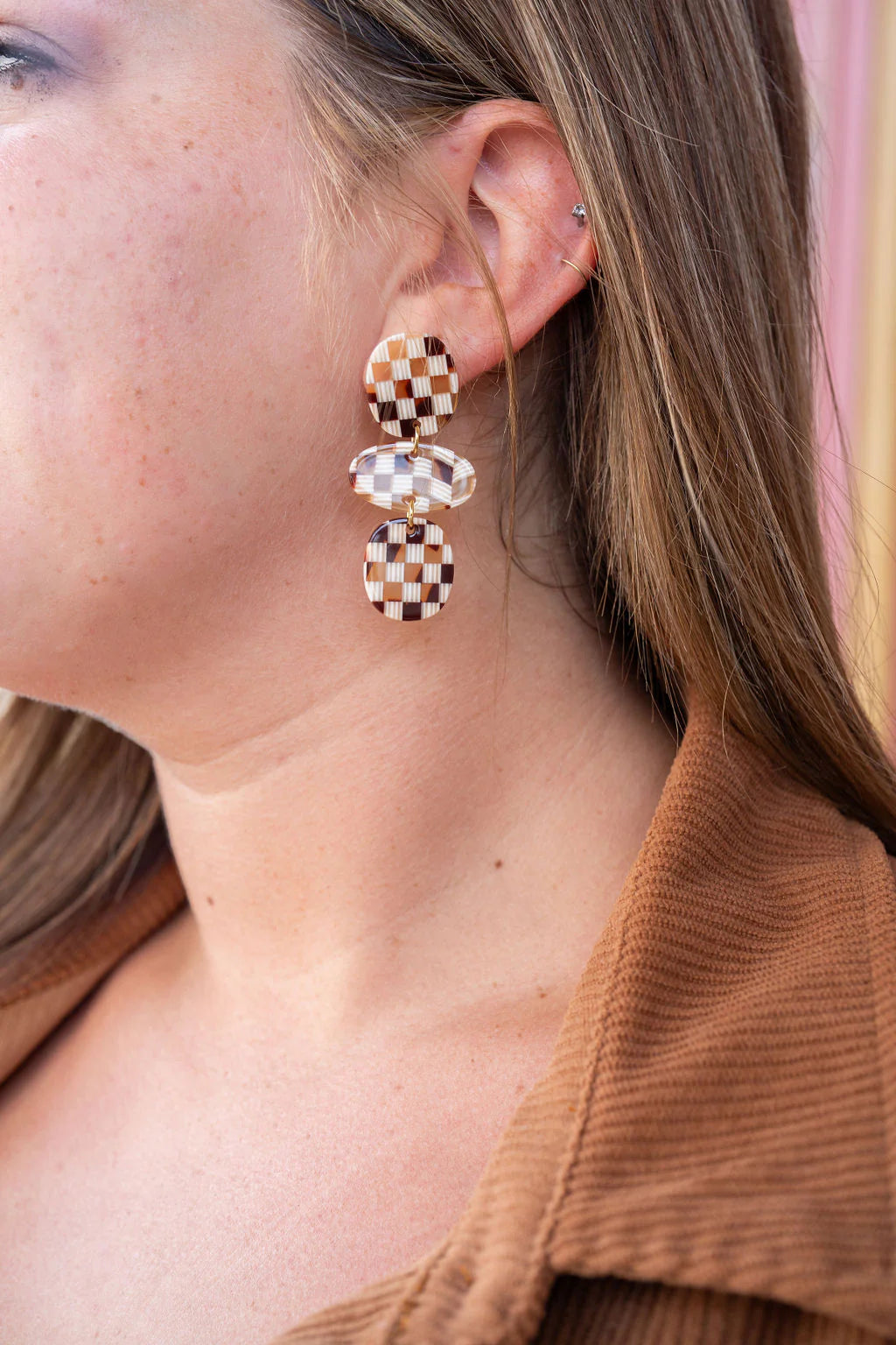 Florence Earrings-Brown Checker